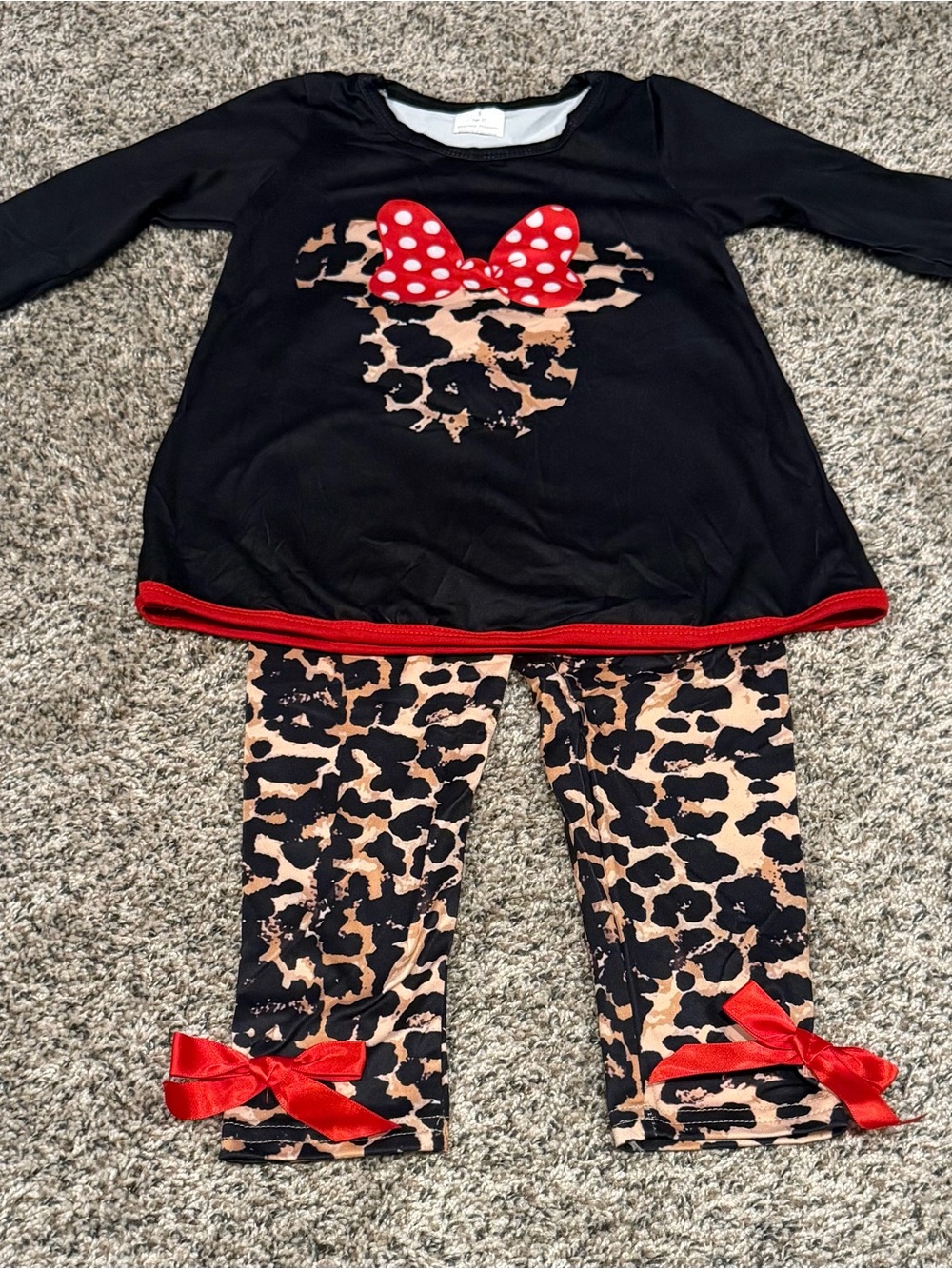 Girls Black & Leopard Pajama Set with Red Bow Accent